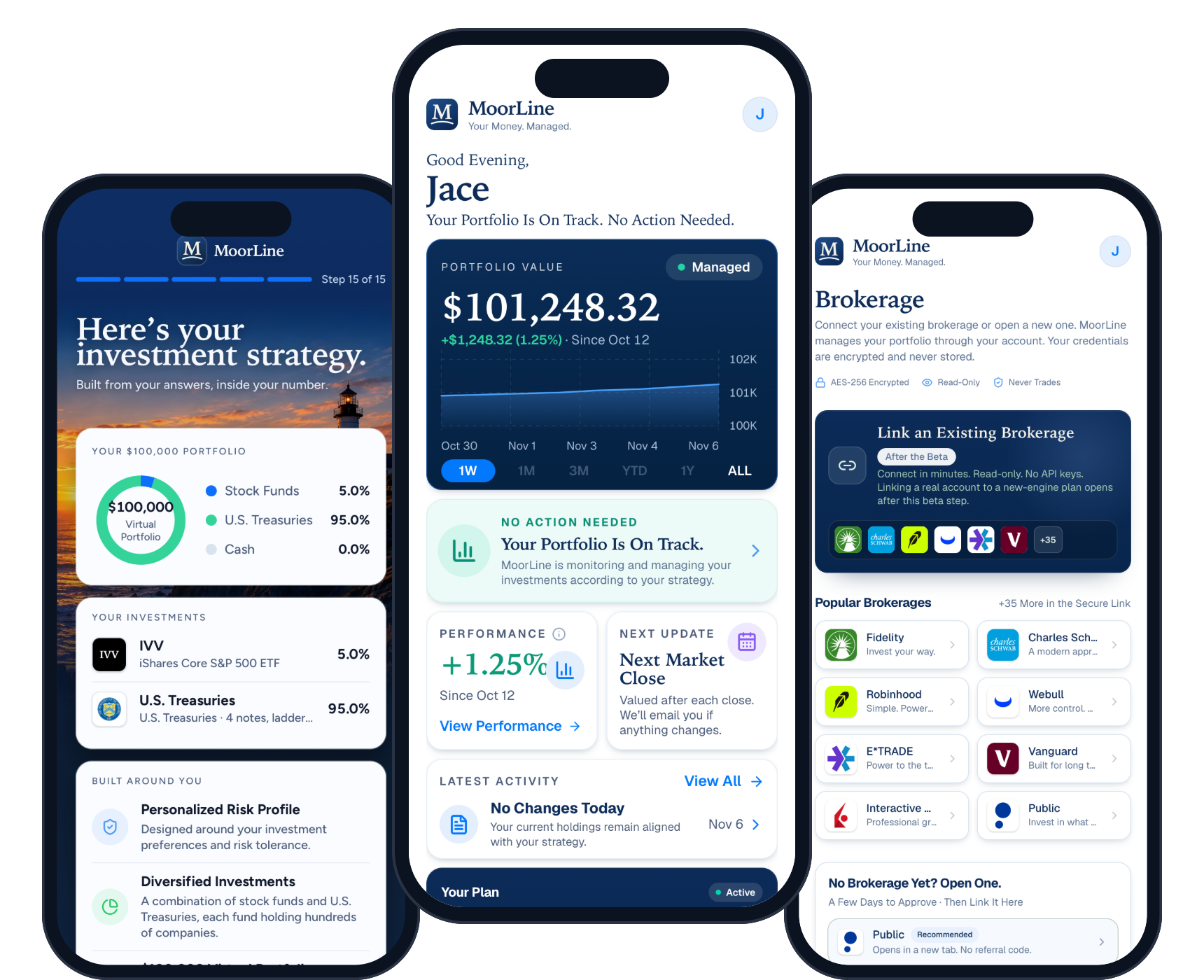 The MoorLine plan, dashboard and holdings screens on three phones