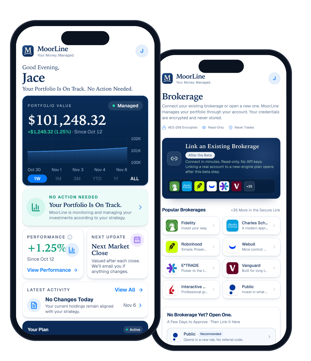 Preview of the MoorLine portfolio and brokerage screens